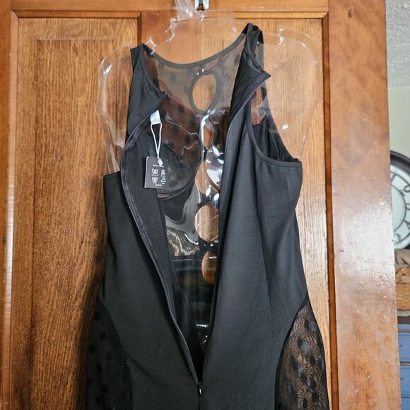 Black Bodysuit Lingerie Set Sheer & Solid Mesh Size Medium NEW Sexy Polka Dots - Picture 3 of 9